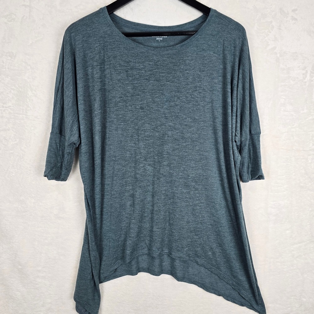 Eileen Fisher Teal Micro Modal Dolman Sleeve Sharkbite Hem‎ Top Small S